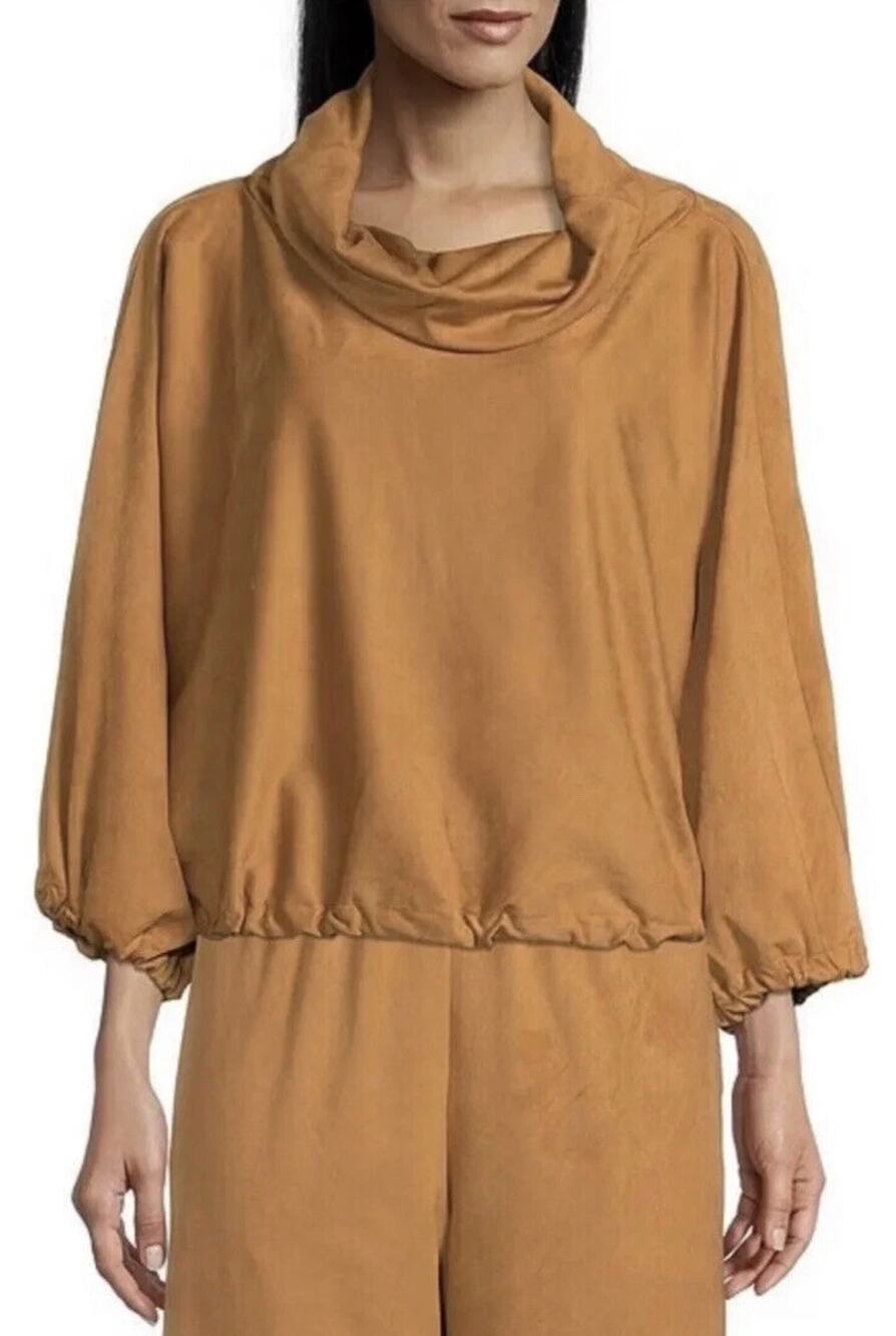 Bryn Walker Women's Top XL Giovanna Shirt Miele Brown Faux Suede Cowl Neck USA